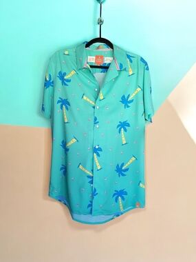 Free Planet Men's Teal Palm Tree Short Sleeve Button-Up  Shirt -M